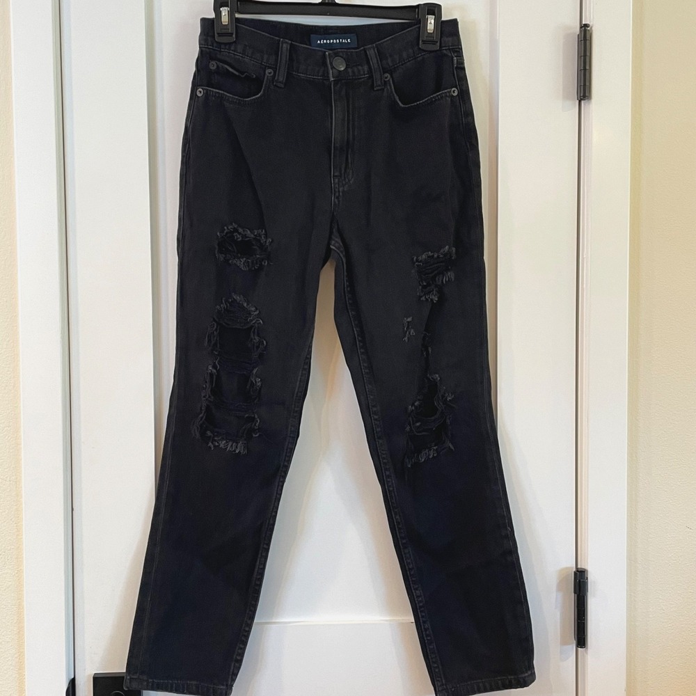 Aeropostale Mom Jeans 0 Black Wash Distressed Ripped Denim Country Cowgirl Chore